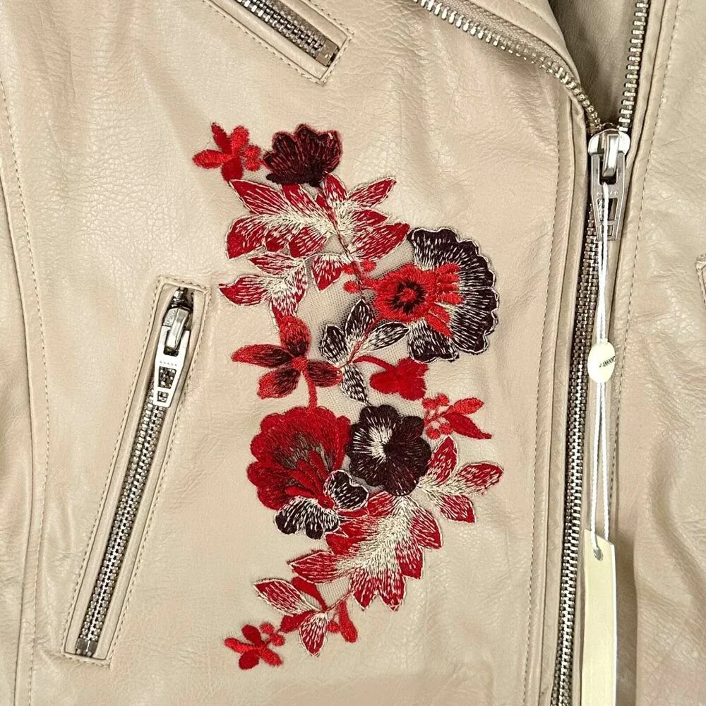 NWT Blank NYC Tan Floral Embroidered Vegan Leather Moto Jacket Size XS Biker - Picture 7 of 10